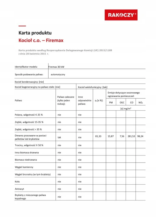 Kocioł na pellet RAKOCZY Firemax 190 30 kW STANDARD