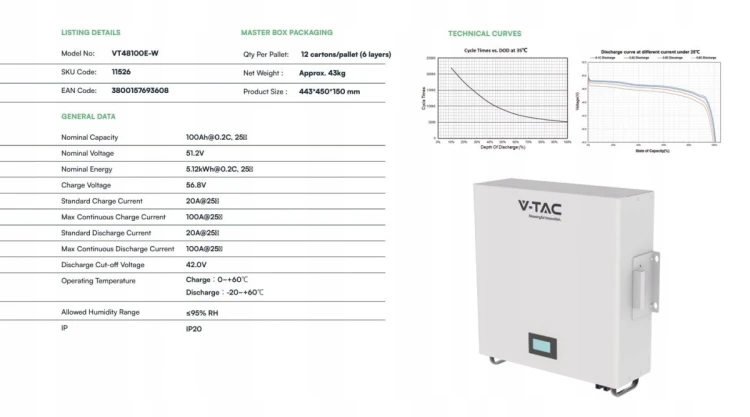 Magazyn Bank Energii V-TAC VESTWOODS Powerbank Ścienny/RACK 5,12kWh 51,2V