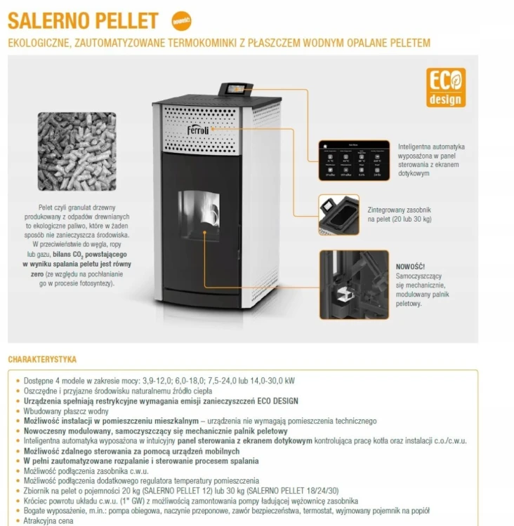 Piec, Kocioł Ferroli Salerno na pellet z płaszczem wodnym (6,0-18,0 kW)
